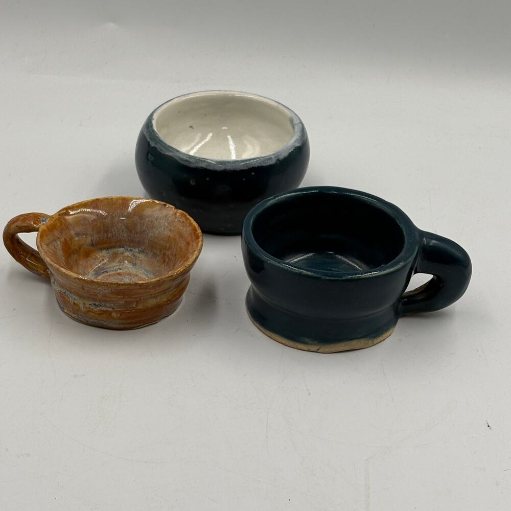3 Handmade Studio Pottery Small Bowls Cups Teal Brown Cream Artisan Ceramic
